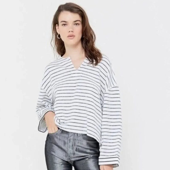 Urban Outfitters UO Black & White Striped Inside Out Notch Neck Long Sleeve Top - Picture 1 of 7